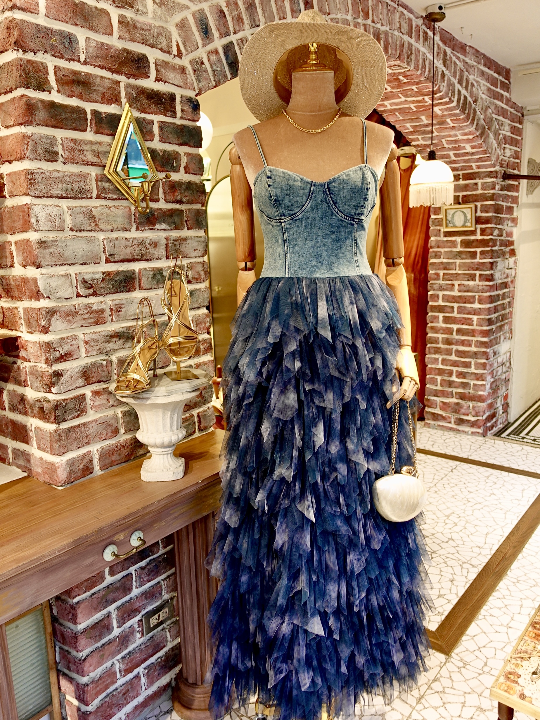 Denim單寧藍色牛仔馬甲印花層次澎澎裙Dress