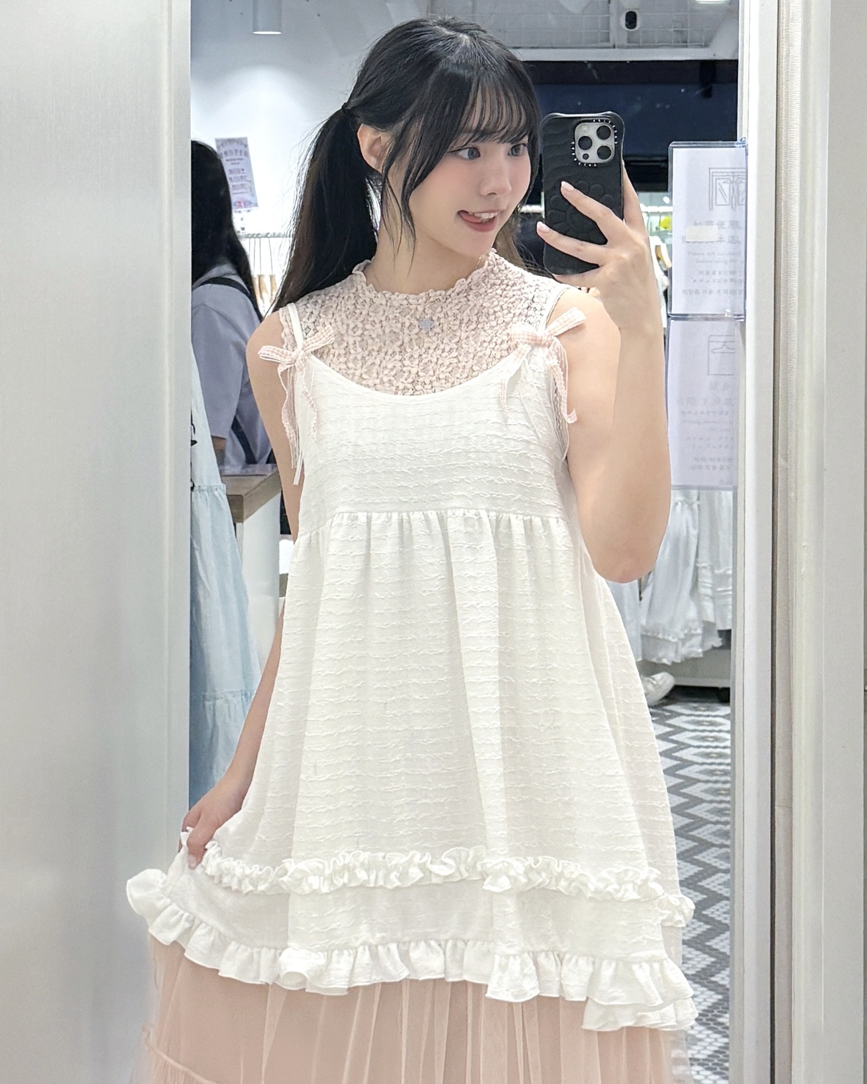EA1343｜可愛少女蕾絲雙格紋蝴蝶結雙層荷葉邊吊帶外搭OPS ˚.🎀༘⋆