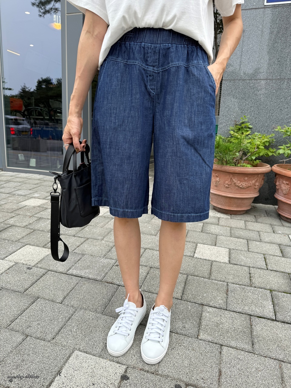 正韓Lego清爽車線鬆緊五分牛仔褲