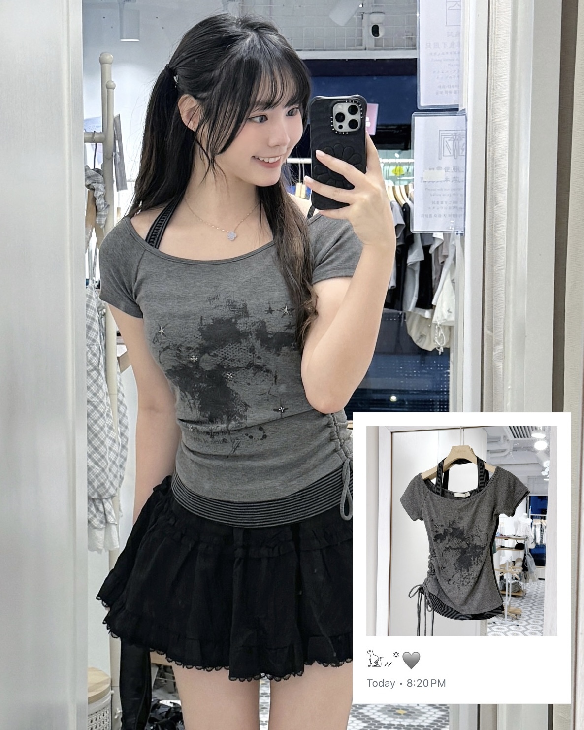 T1600｜暗黑街頭風鑽粒側束腰間紋掛頸假兩件上衣🕸️๋࣭ ⭑