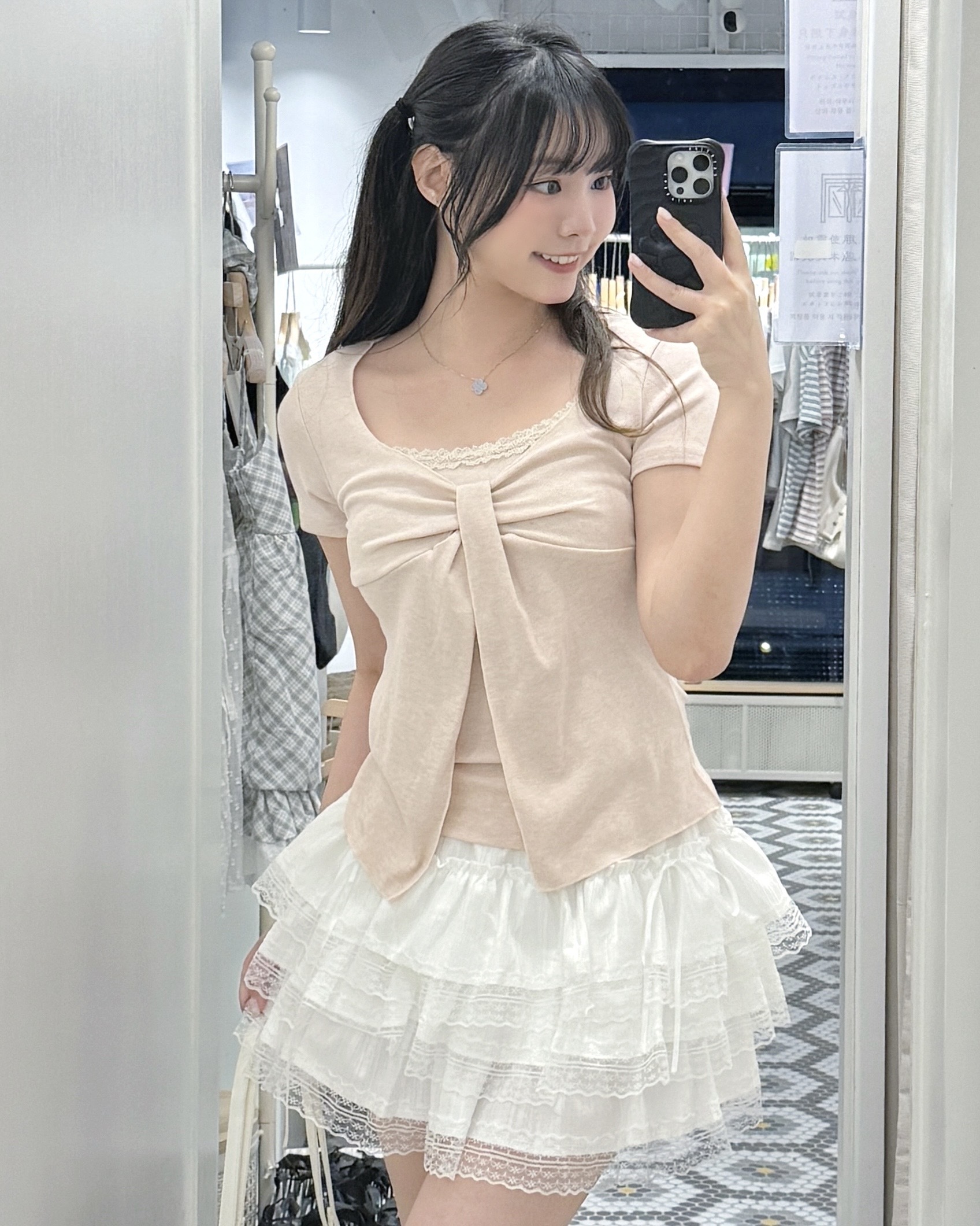 （停產）  T1597｜女友感純欲風蕾絲邊扭結假兩件上衣꒰ᐢ. ̫ .ᐢ꒱🎀