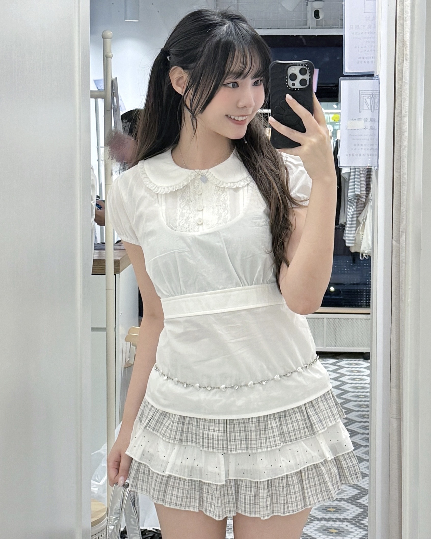 T1595｜韓感純慾系蕾絲娃娃領花鈕釦束腰綁帶裇衫上衣˚ ༘ ೀ⋆｡˚