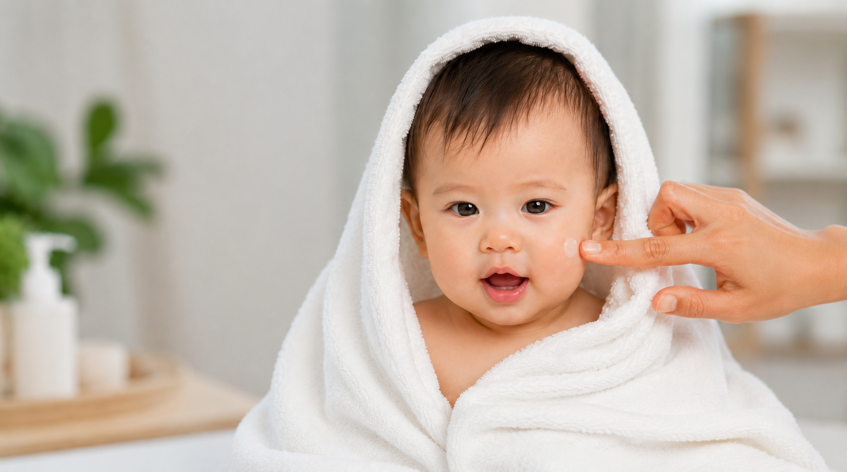 家長為洗澡後的華人寶寶塗抹乳液，加強肌膚保濕照護