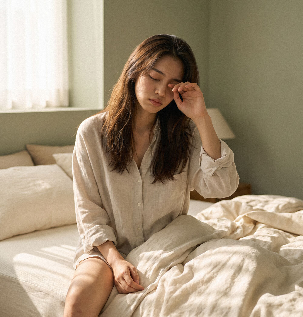 疲憊女性坐床邊揉眼_睡眠不足