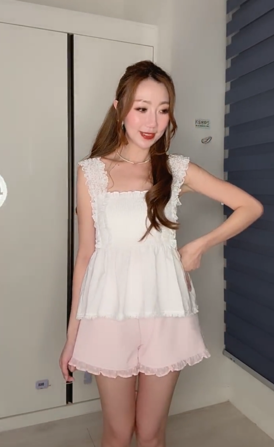 BABY PINK DOT DOT CHIFFON TRIM TAILORED SHORTS 210726