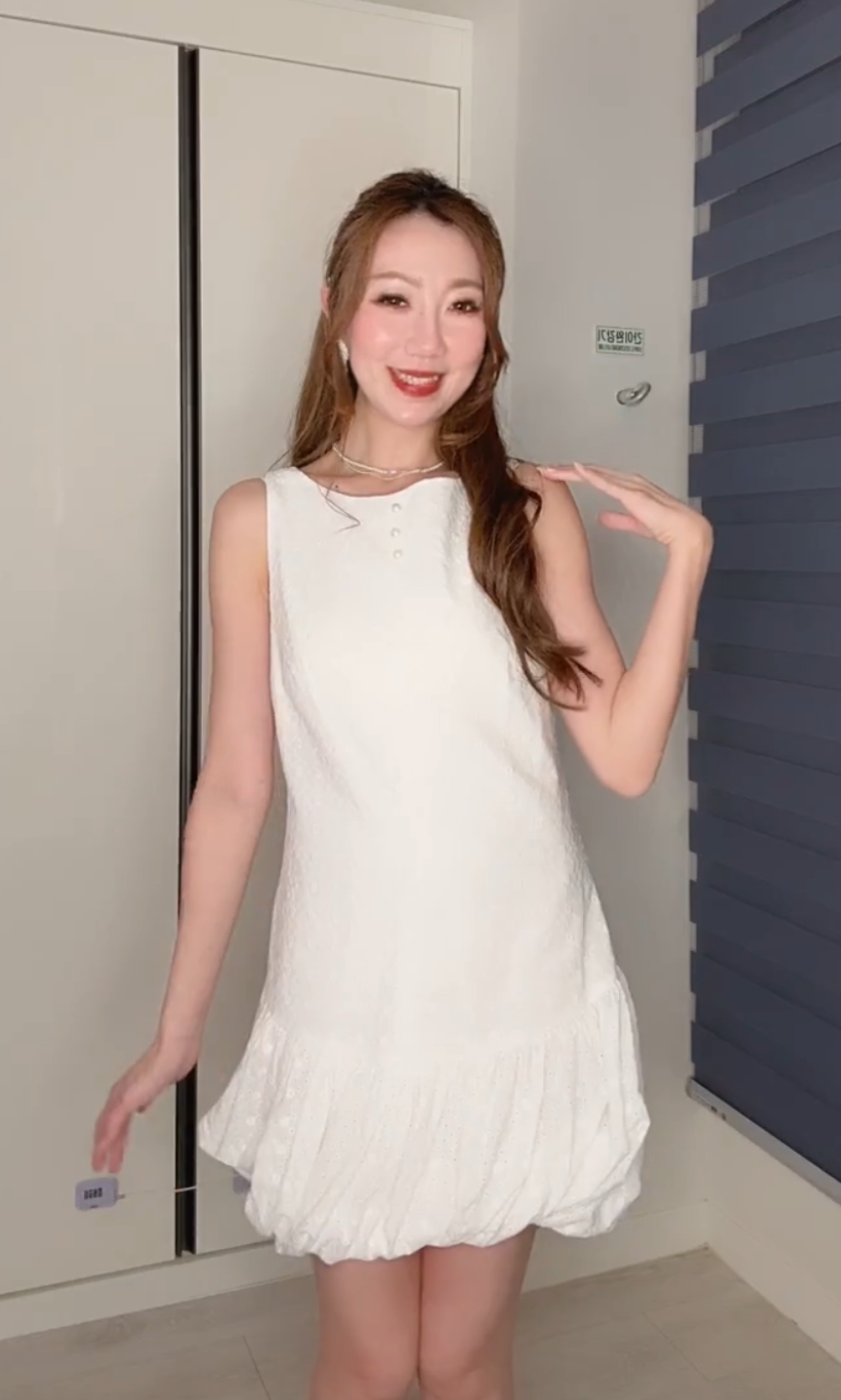HELENA PEARL DETAIL BRODERIE ANGLAISE BALLOON DRESS 210726
