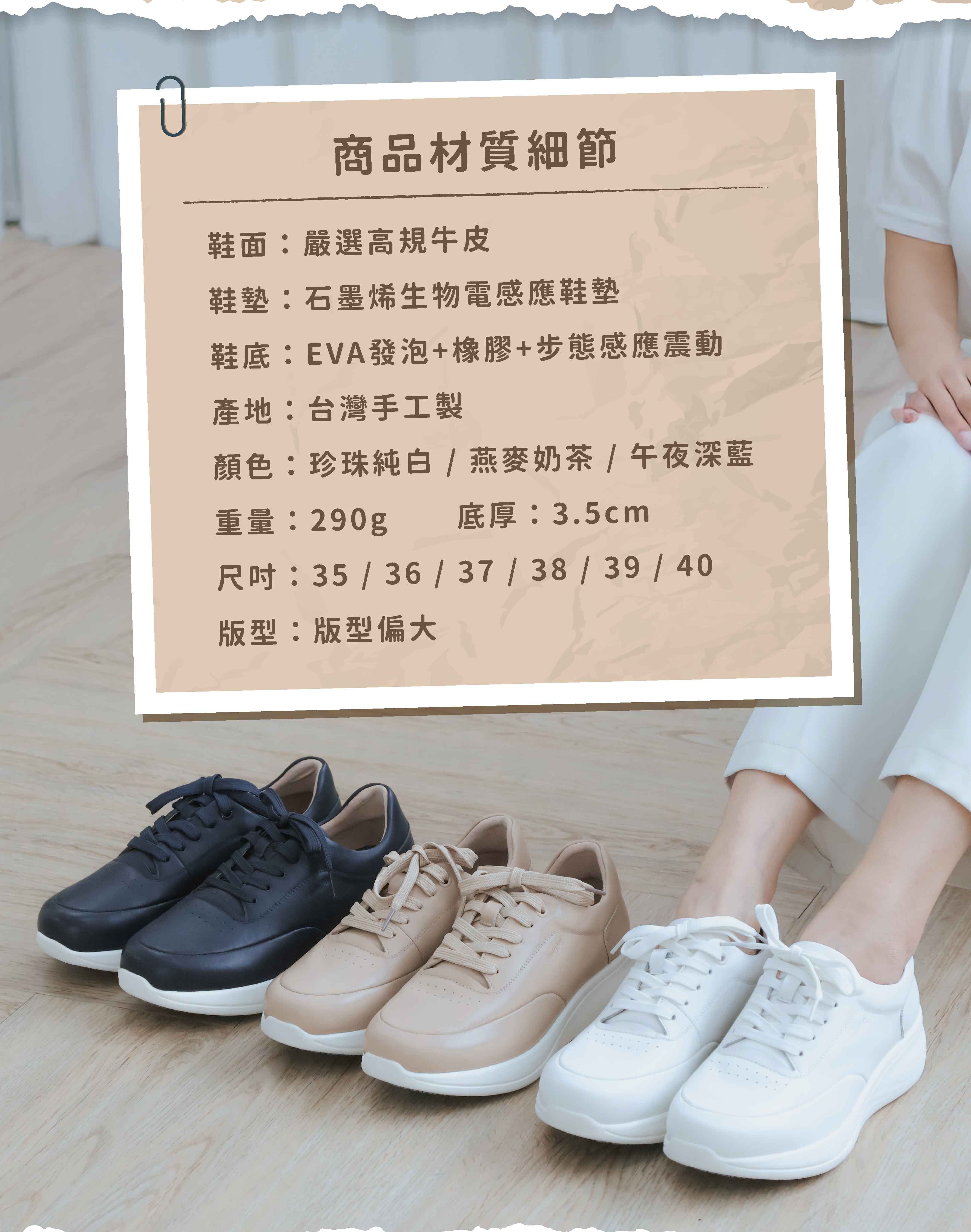 墨菲石墨烯真皮震動鞋商品材質細節圖,展示三款配色(珍珠純白、燕麥奶茶、午夜深藍)並配有詳細規格文字框。