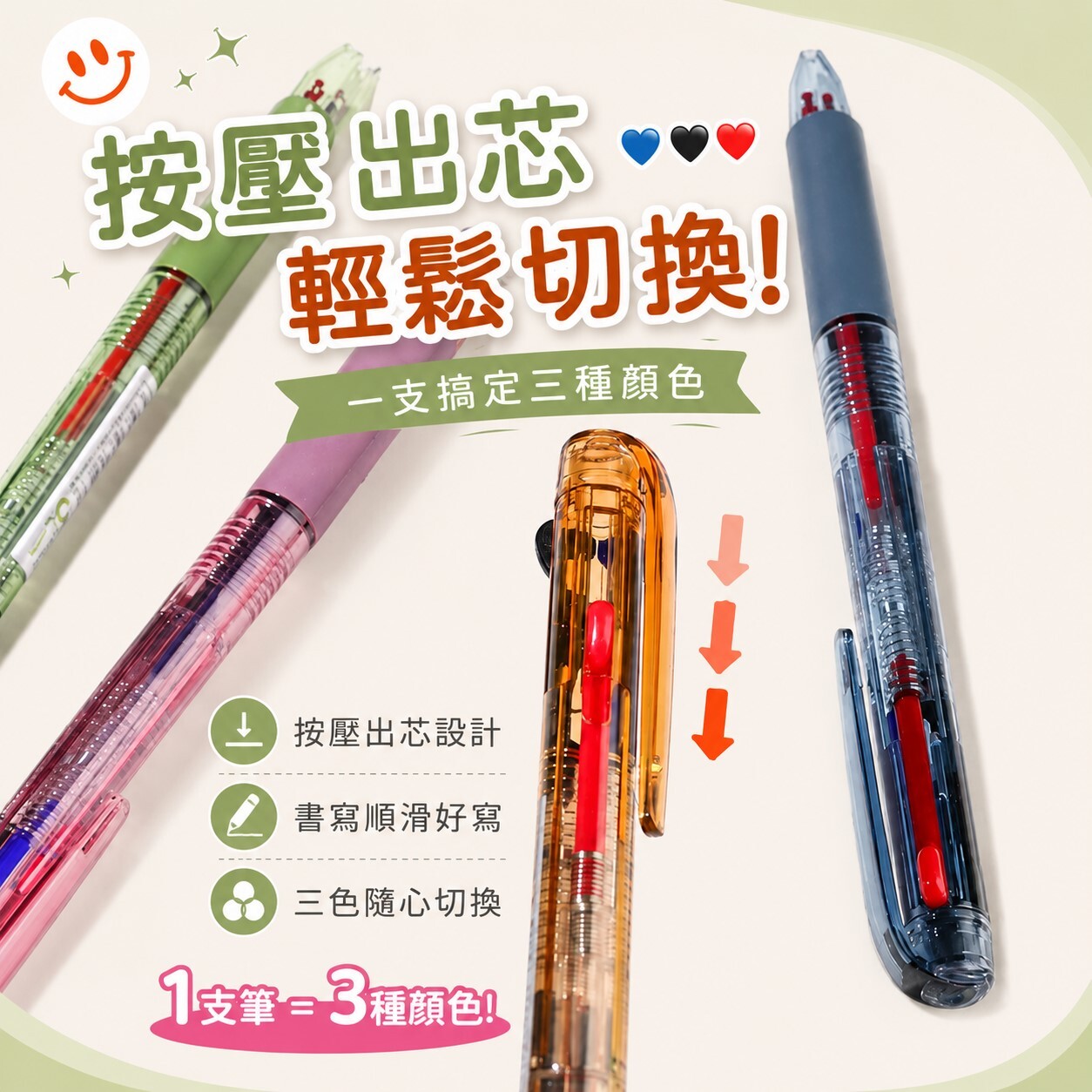 三色按動中性筆4支入｜ 三色原子筆 0.5mm 按壓式中性筆 三色筆 辦公文具 學生文具 書寫筆【輕鬆購五金百貨】