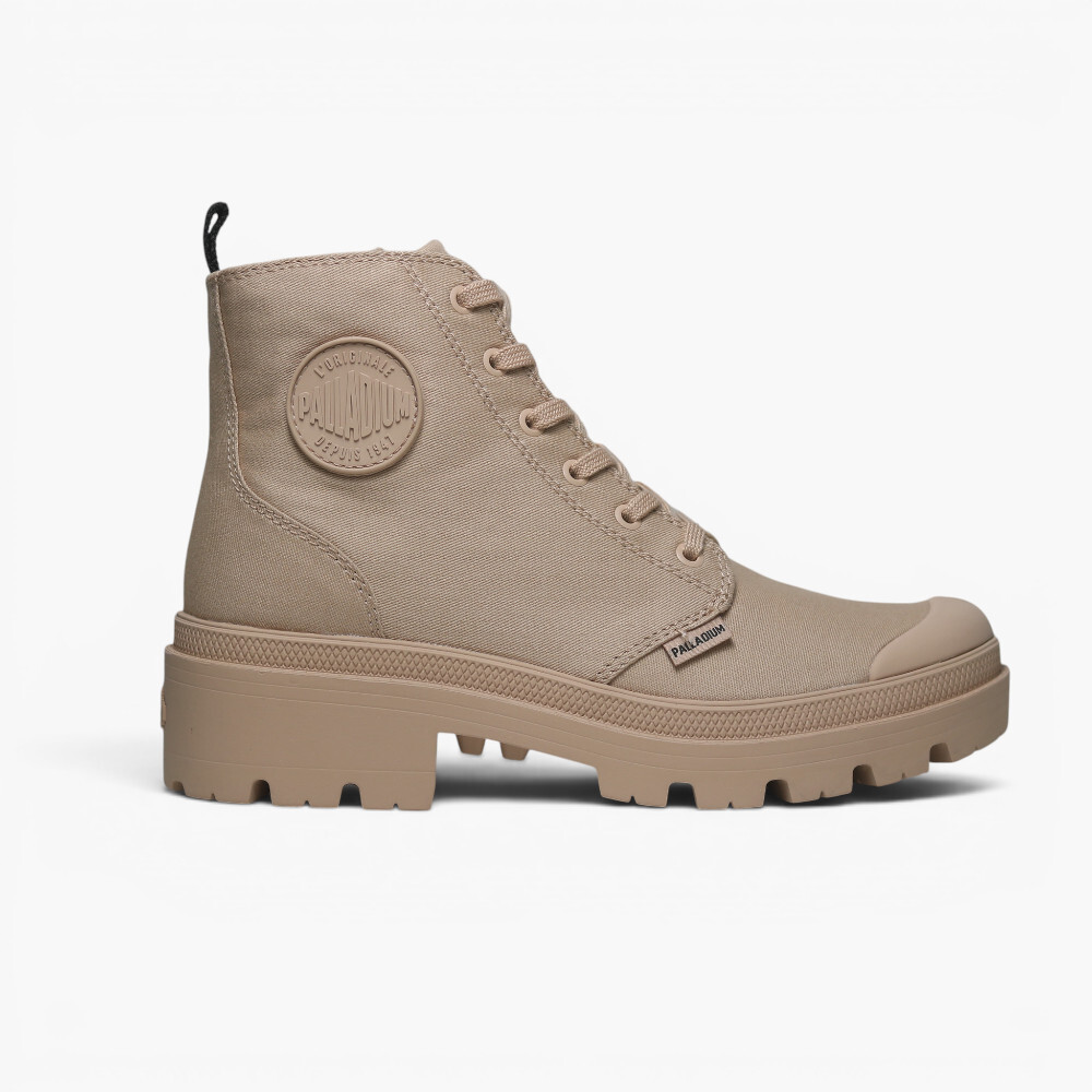PALLADIUM 休閒鞋 PALLABASE TWILL 燕麥卡其 粗跟 帆布 高筒靴 女 96907-235
