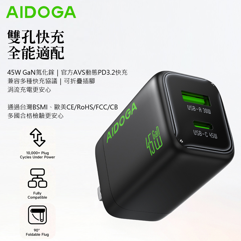AIDOGA 雙孔 Type-C+USB-A PD3.2快充GaN氮化鎵充電器充電頭 45W QC4+