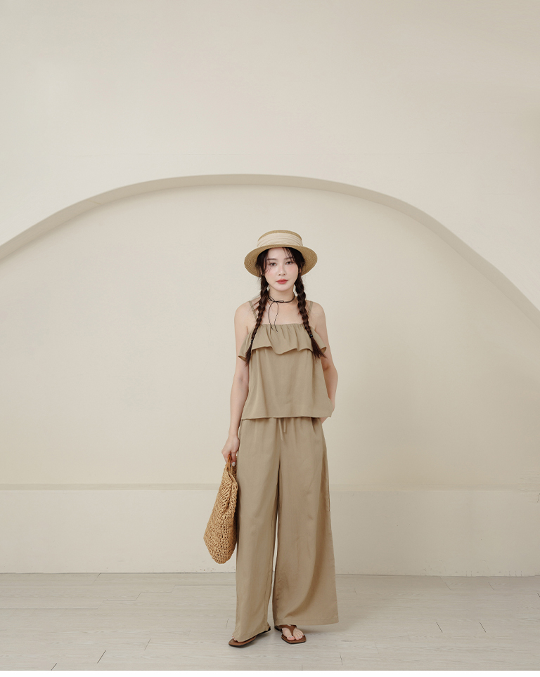 Simple 3D ruffled shoulder vest and wide-leg pants cotton linen set, available in two colors.【01087345】in stock+pre-order