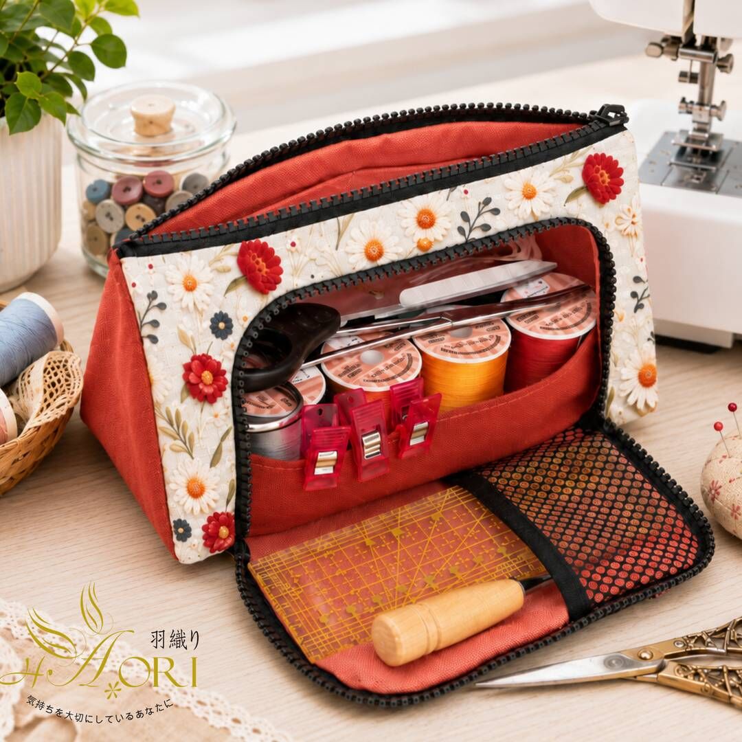 Fold-down multi-pocket organizer holding sewing tools