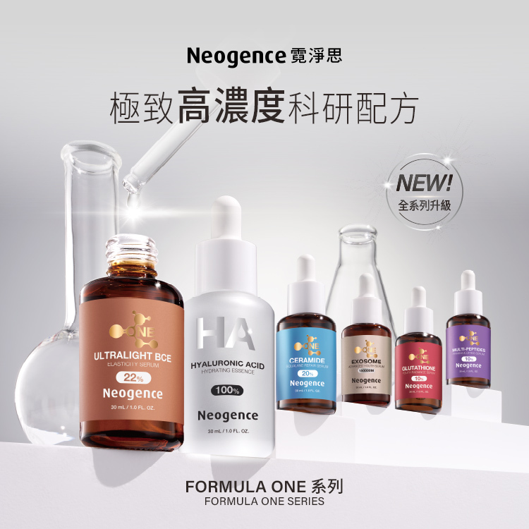 Neogence 霓淨思極致高濃度科研配方系列。畫面上方帶有「NEW! 全系列升級」標章,並於實驗室燒杯與試管的簡潔背景前,排列展示 Formula One 全系列六款高濃度精華滴管與原液瓶身: 22%超極光BCE彈力精華(ULTRALIGHT BCE ELASTICITY SERUM 22%)。 100%玻尿酸保濕原液(HYALURONIC ACID HYDRATING ESSENCE 100%)。 20%神經醯胺角鯊修護精華(CERAMIDE SQUALANE REPAIR SERUM 20%)。 1500億超未來外泌體精華(EXOSOME ADVANCED YOUTH SERUM 150000M)。 10%穀胱甘肽青春精華(GLUTATHIONE YOUTH RADIANCE SERUM 10%)。 10%多勝肽三波緊緻精華(MULTI-PEPTIDES FIRMING & LIFTING SERUM 10%)。 底部顯示「FORMULA ONE 系列 FORMULA ONE SERIES」品牌字樣。