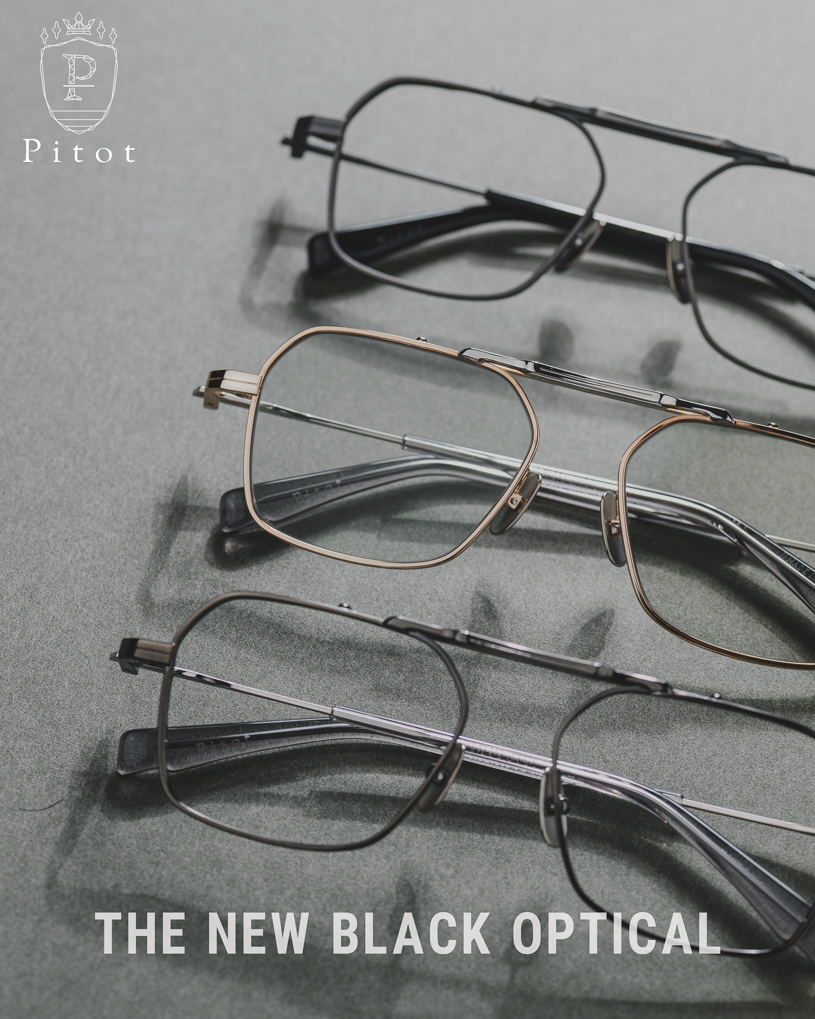 日本手造眼鏡 Pitot SCHLUMBERRA I 與 II 雙樑系列合照,展示兩種不同鏡框線條與扎實雙層金屬中樑結構