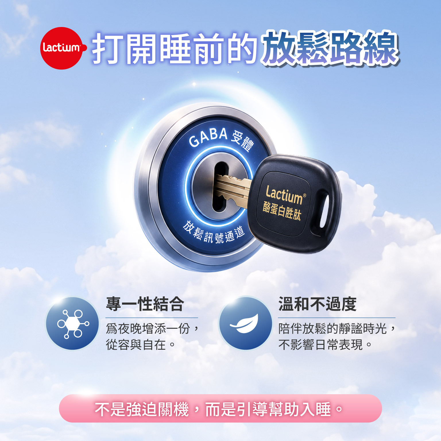 打開睡前的放鬆路線,專一性結合 為夜​晚​增添​一​份​ 從容與自​在。​  溫和不過度 陪伴​放鬆​的​靜謐​時光，​ 不​影響​日常​表現。  中央圖像文字： GABA 受體 放鬆訊號通道  鑰匙文字： Lactium® 酪蛋白胜肽