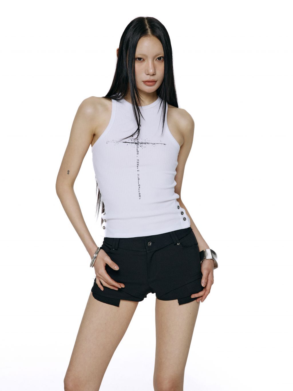 (Y1)Side Button Sleeveless - White
