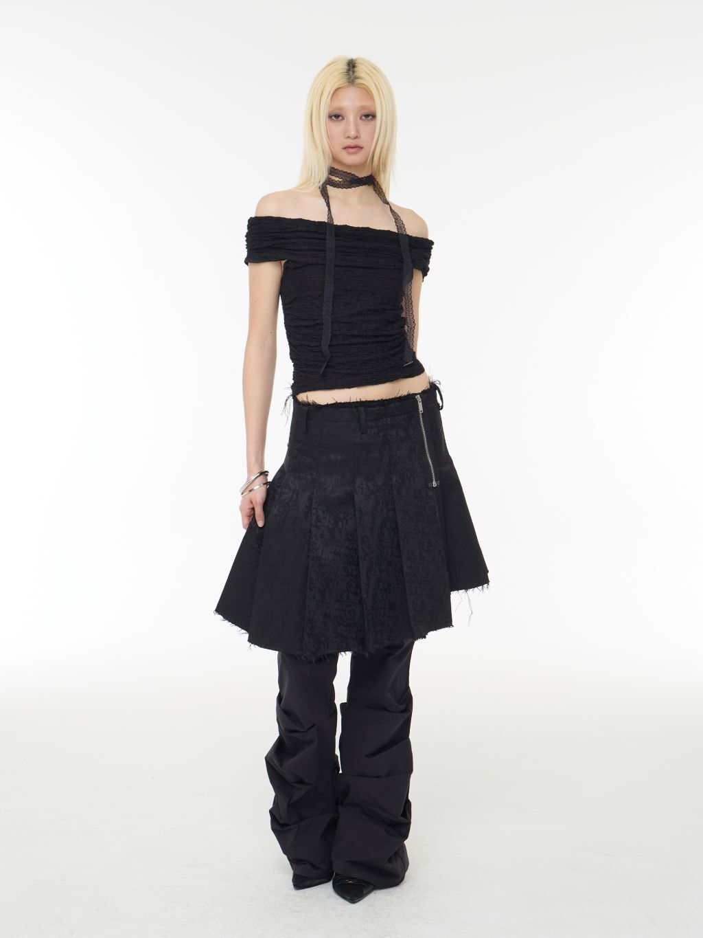 (Y6)Off Shoulder Shirring Top - Black