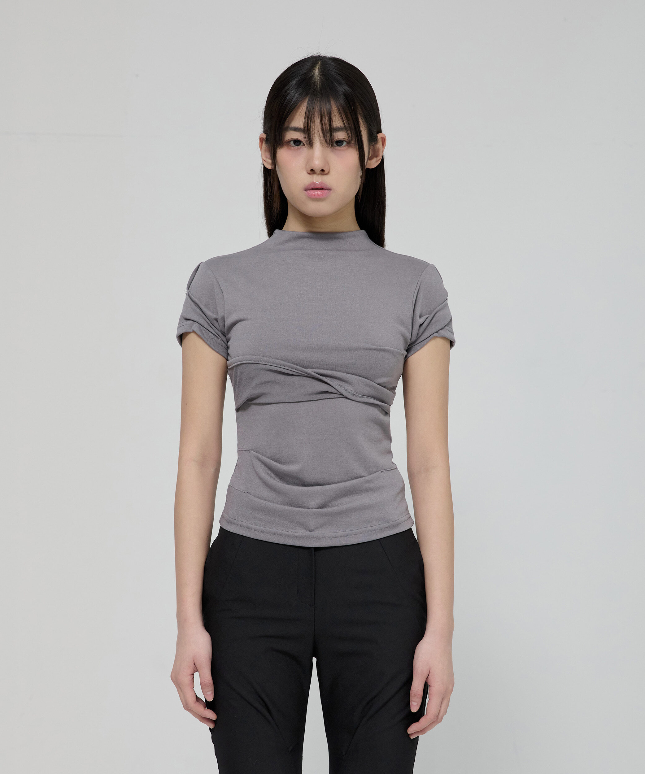 (Y10)Asymmetrical Draped Mock Neck T-Shirt (FL-126_Gray)