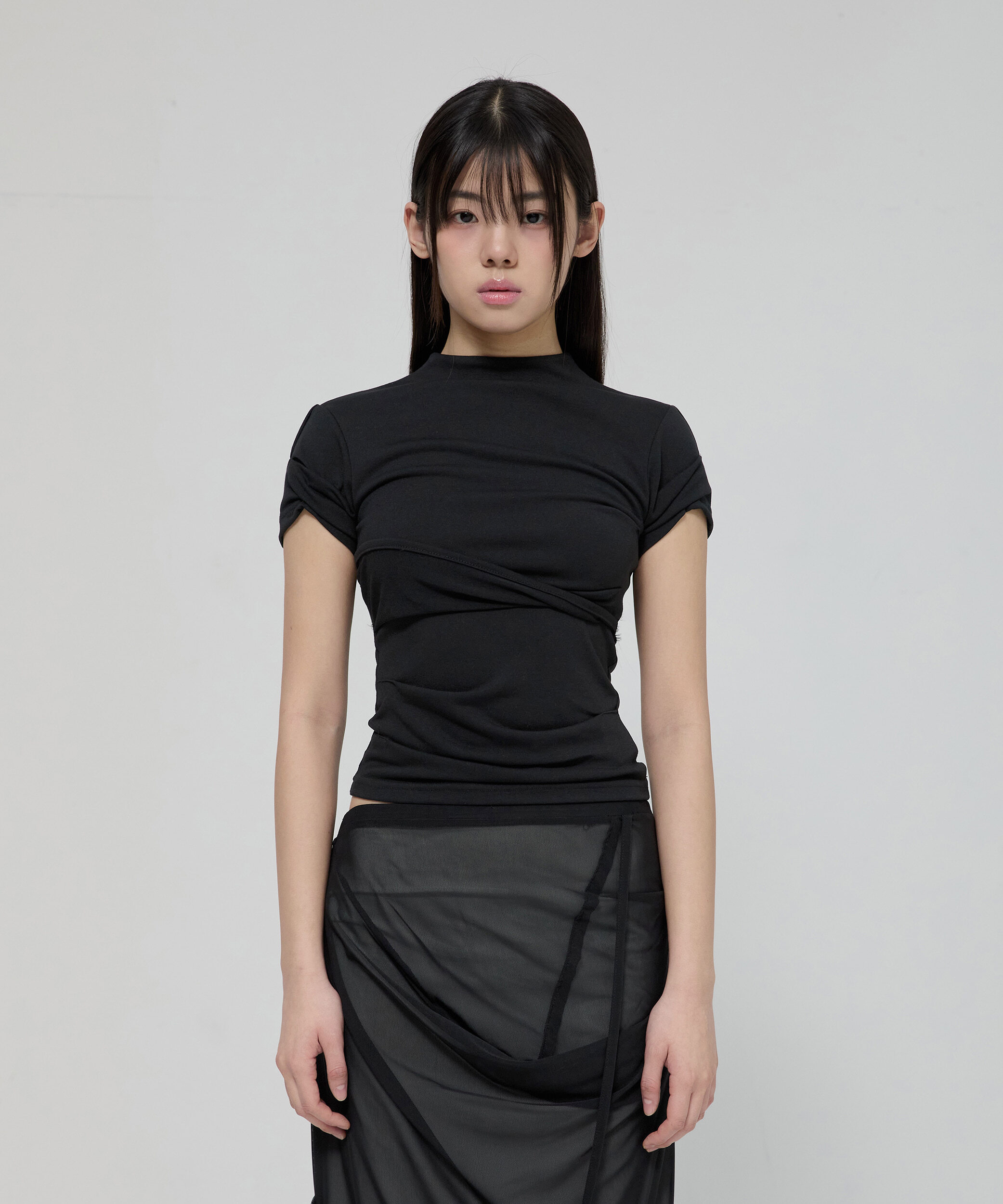 (Y9)Asymmetrical Draped Mock Neck T-Shirt (FL-126_Black)