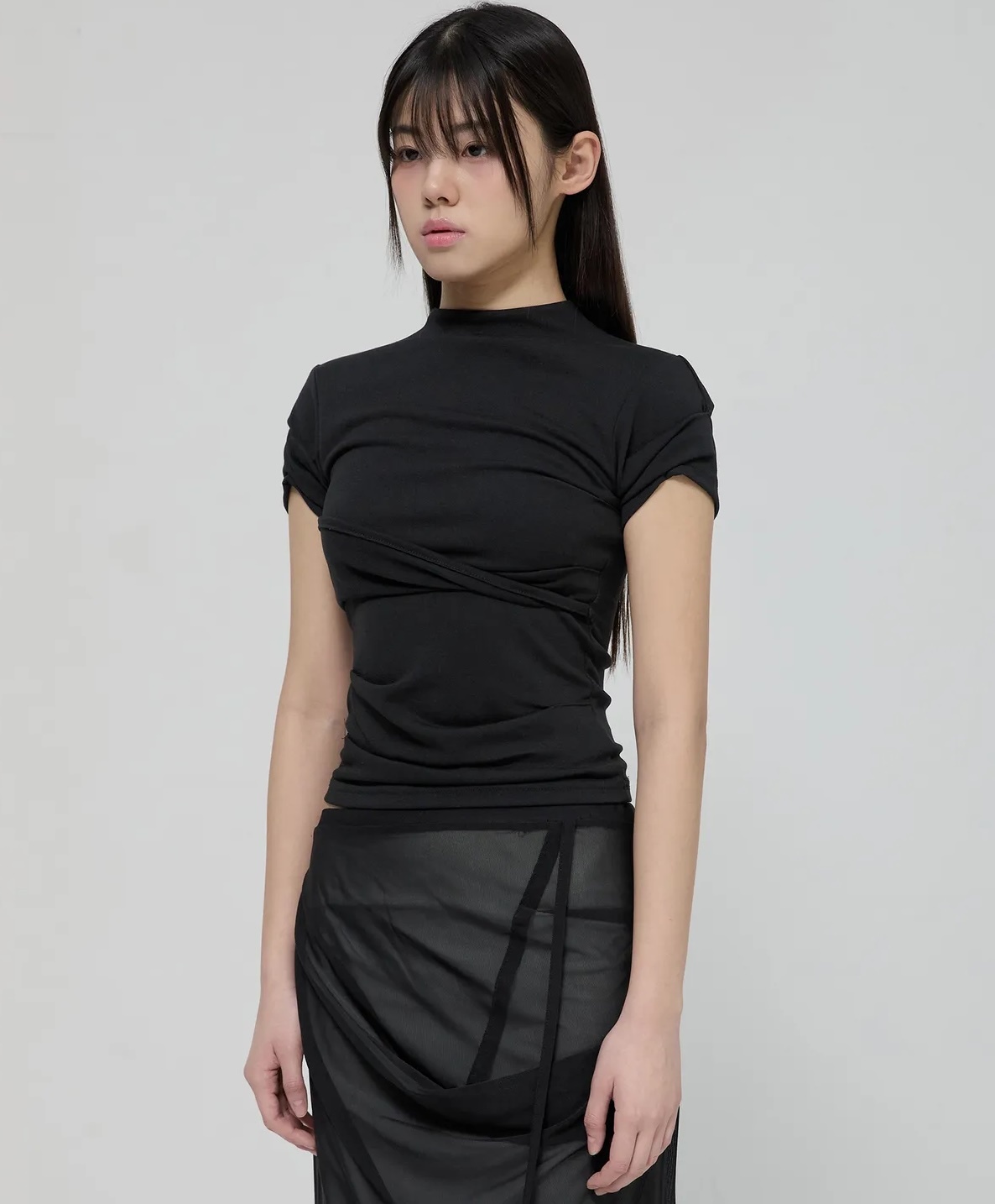 (Y9)Asymmetrical Draped Mock Neck T-Shirt (FL-126_Black)