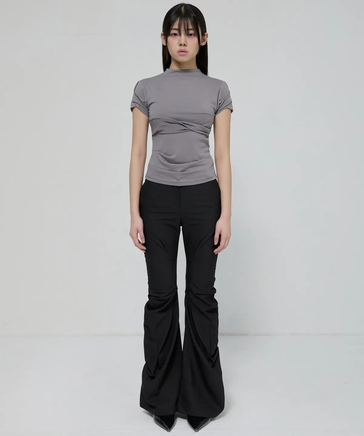 (Y10)Asymmetrical Draped Mock Neck T-Shirt (FL-126_Gray)