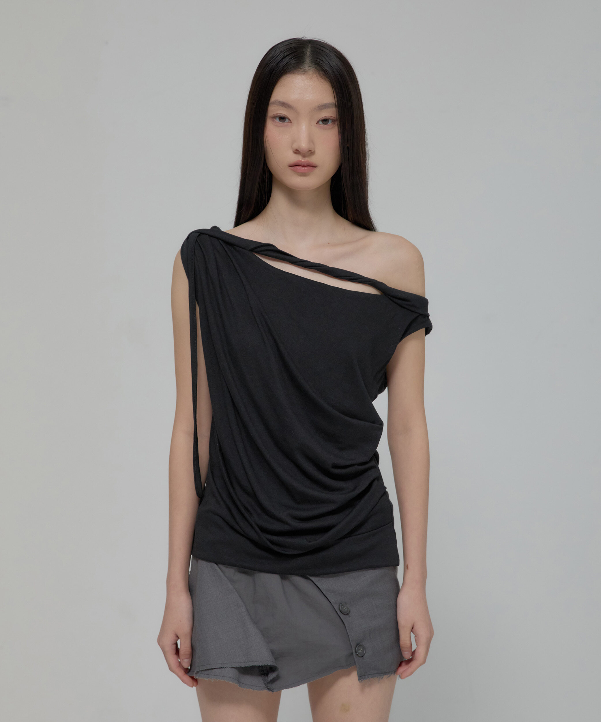 (Y13)Braided Drape One-Shoulder Top (FL-140_Black)