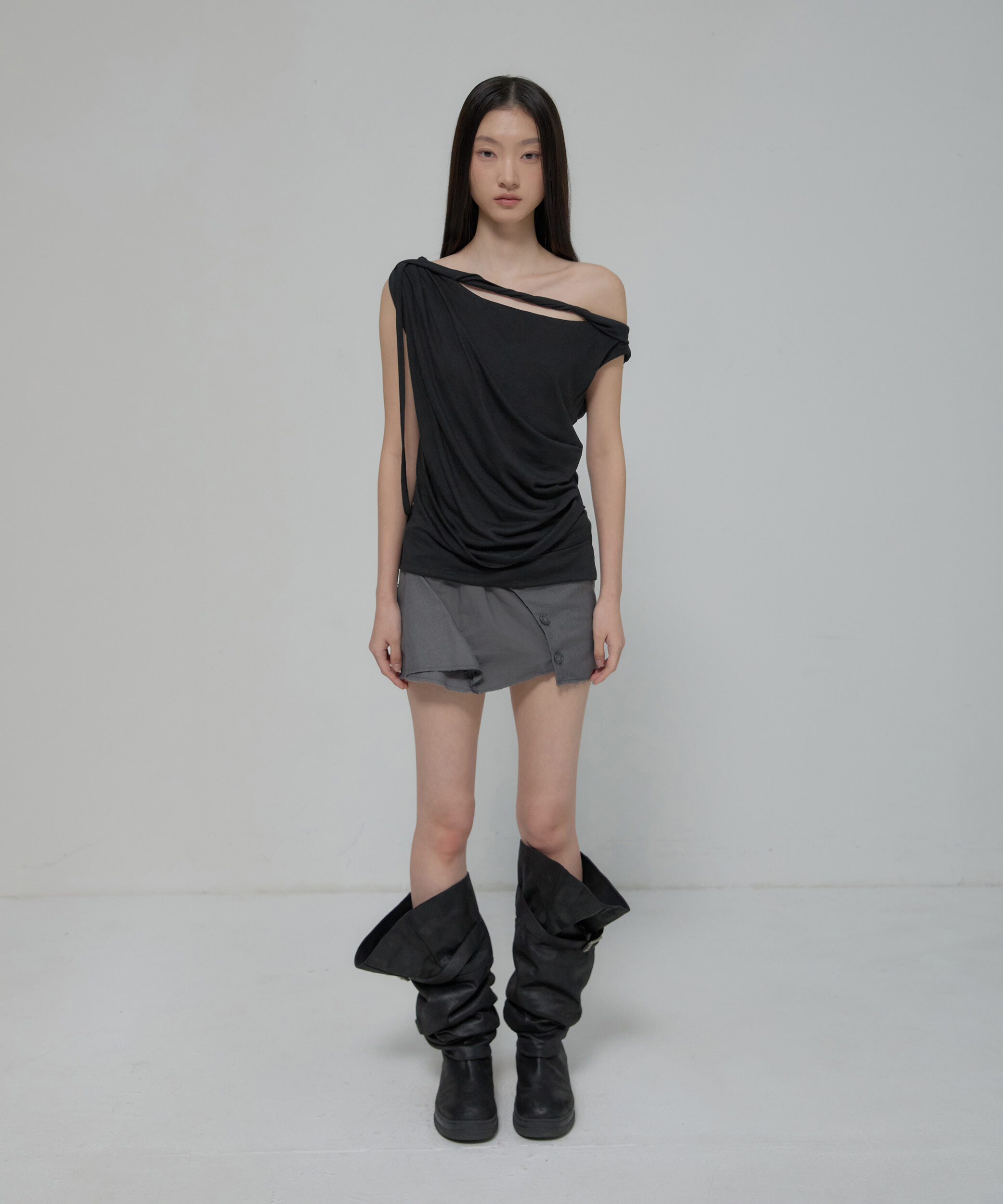 (Y13)Braided Drape One-Shoulder Top (FL-140_Black)