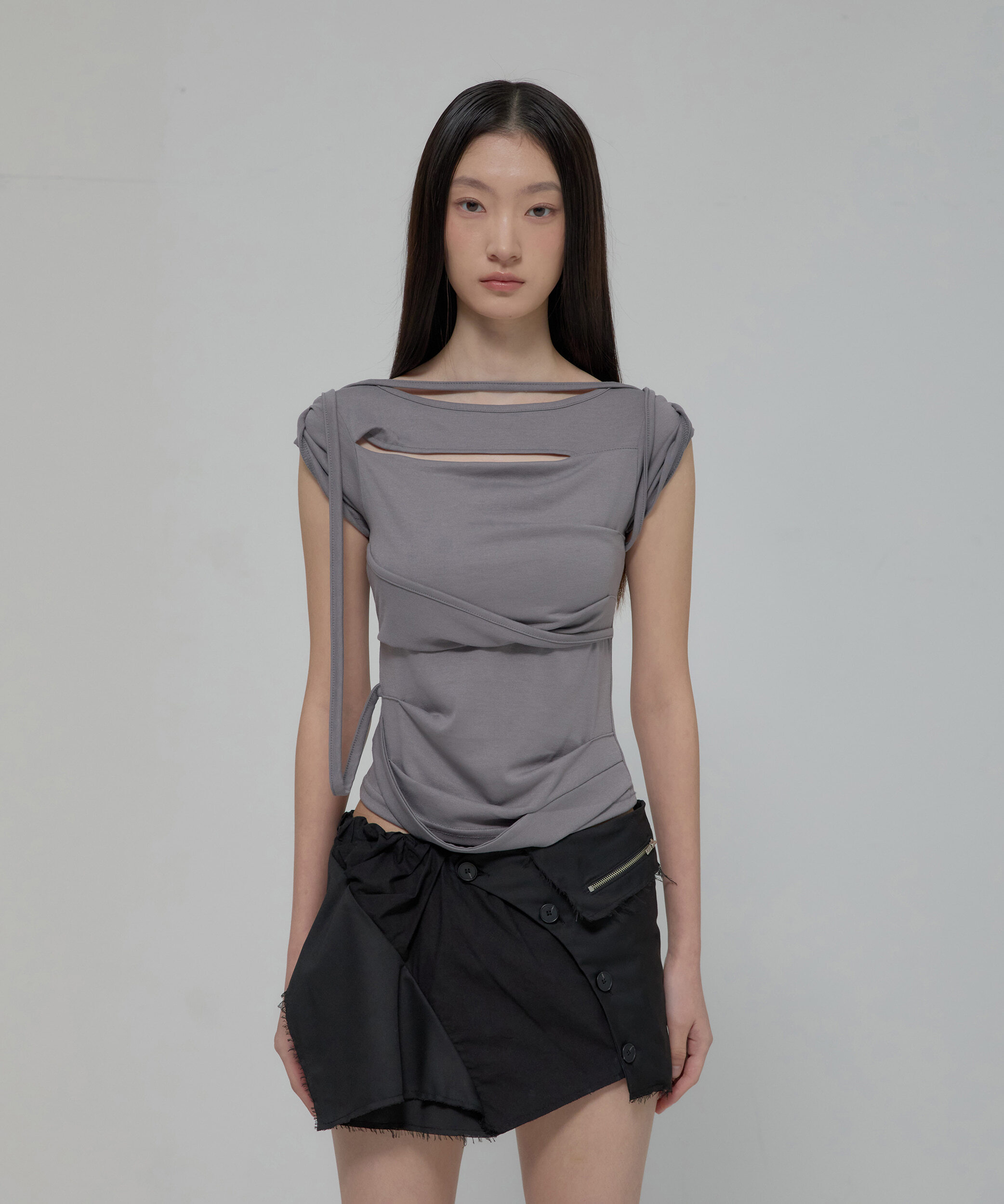 (Y14)Asymmetrical Draped Strap Roll-Up T-Shirt (FL-170_Dark Gray)
