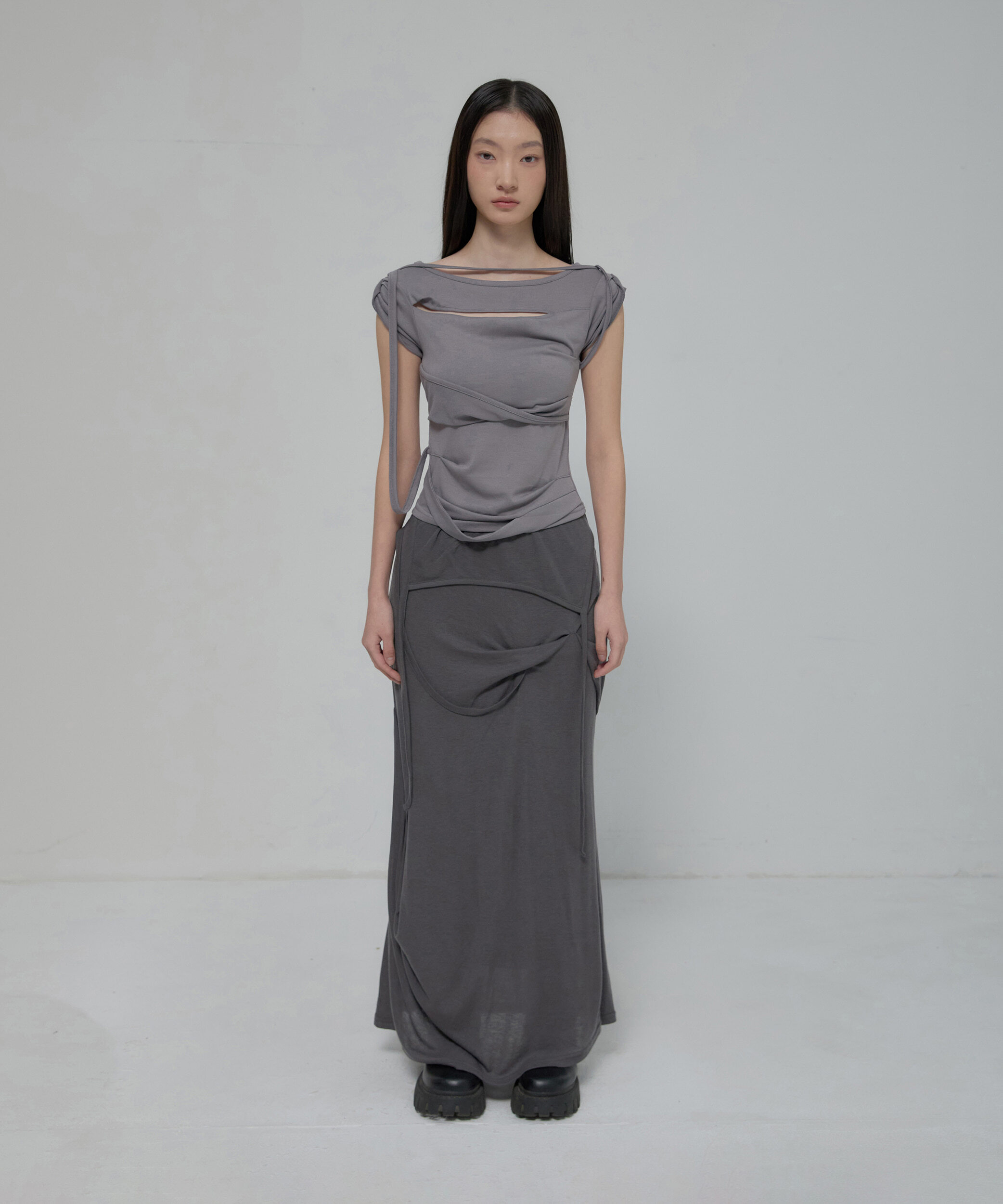 (Y14)Asymmetrical Draped Strap Roll-Up T-Shirt (FL-170_Dark Gray)