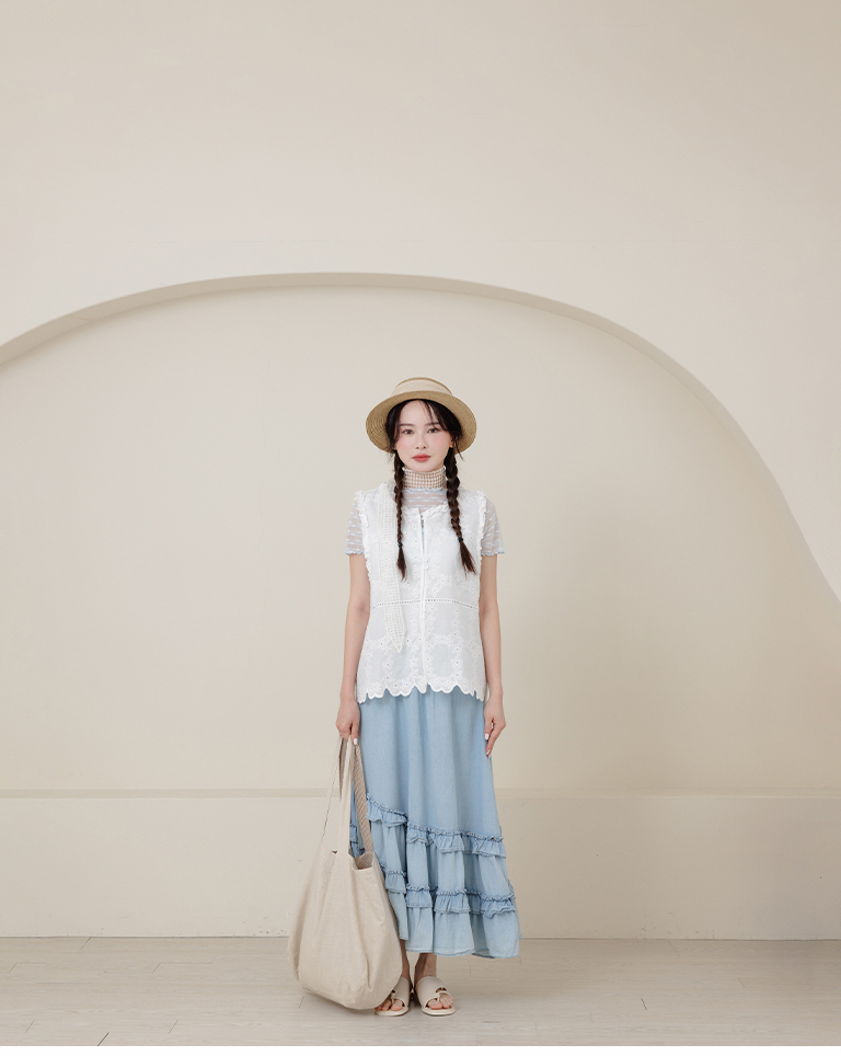 3D ruffle jacquard button-down vest【01099753】in stock+pre-order