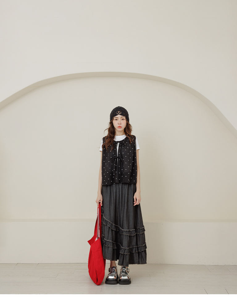 All-over floral pleated tie-up cover-up vest, available in three colors【01099876】in stock+pre-order
