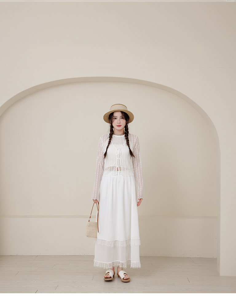 Lace jacquard tie-up long-sleeved cover-up top【01099897】in stock+pre-order
