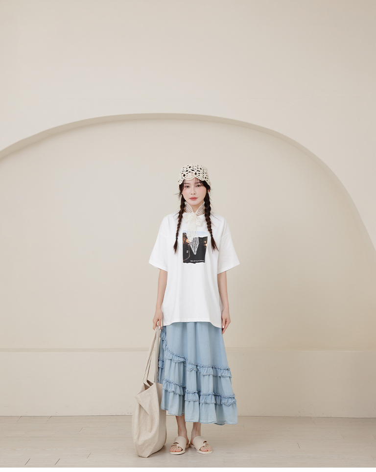Nighttime street scene print wide-leg short-sleeved top【01190398】in stock+pre-order