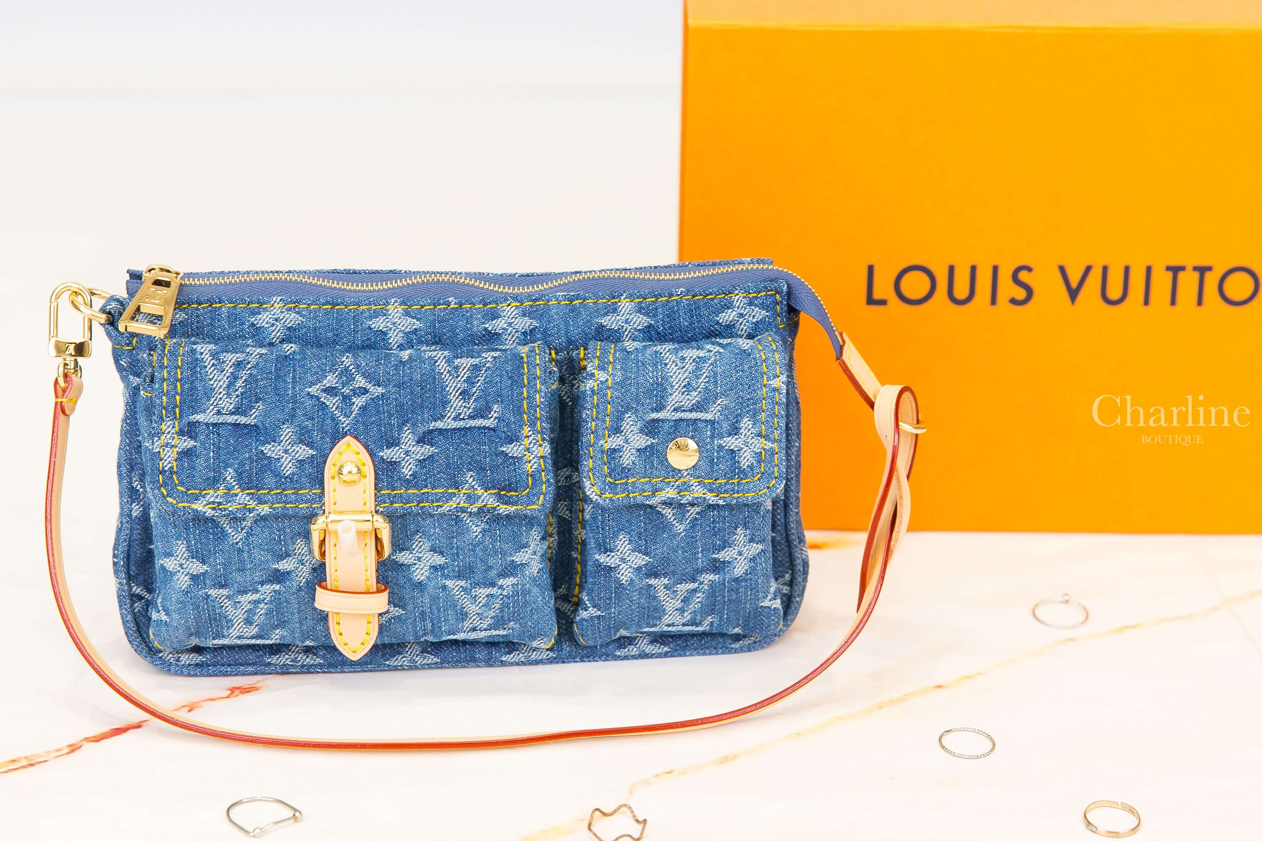 Louis Vuitton Pochette Accessoire Cargo Bag 丹寧藍牛仔布白色老花扭結牛皮飾邊金釦手提肩背包