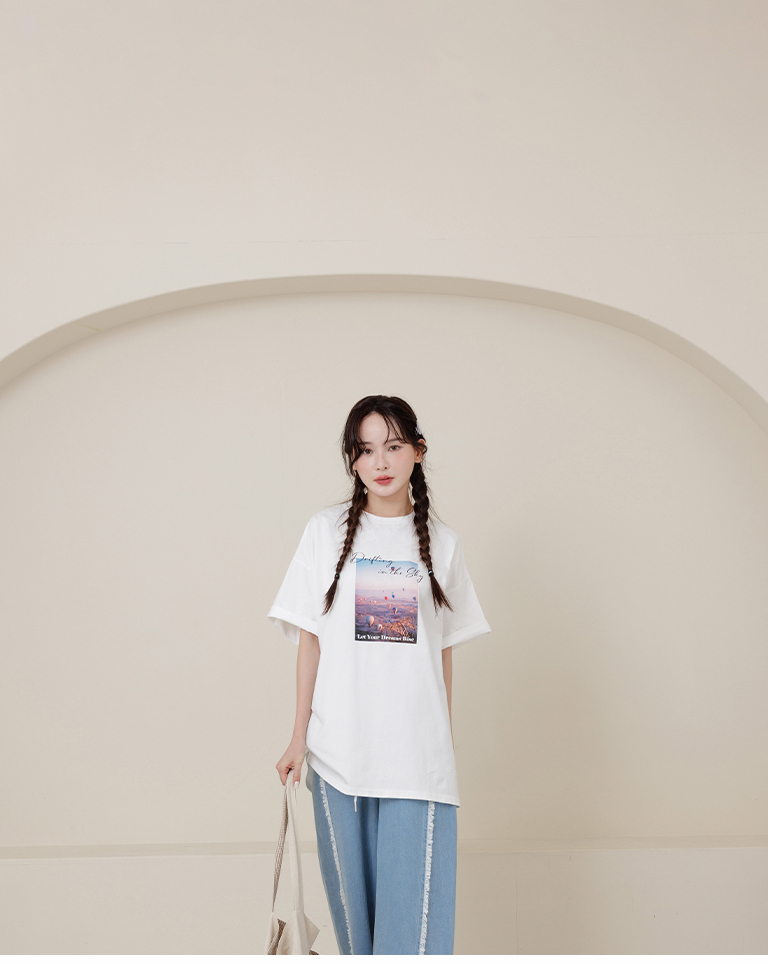 Simple hot air balloon print wide-leg short-sleeved top, available in two colors.【01190403】in stock+pre-order
