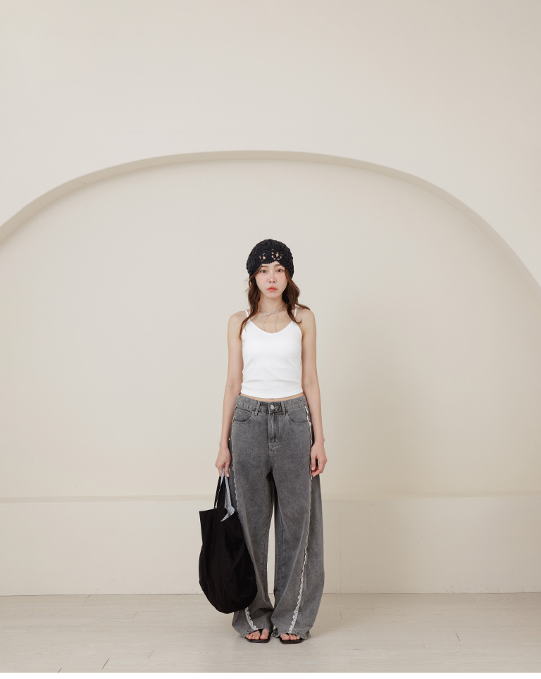 Patchwork lace wide-leg jeans, S/M/L【04011902】in stock+pre-order