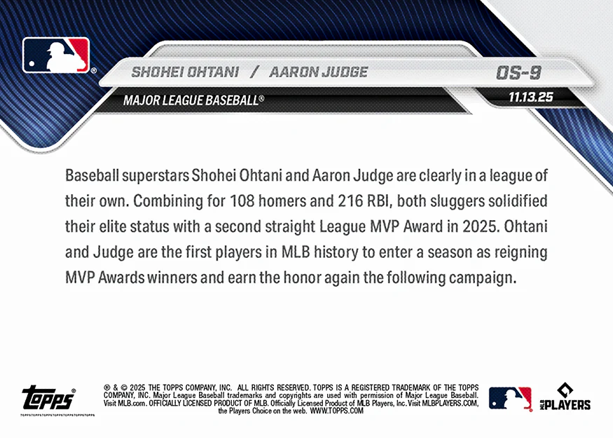大谷翔平 / Aaron Judge 2025 MLB Topps NOW 球員卡 Card OS-9