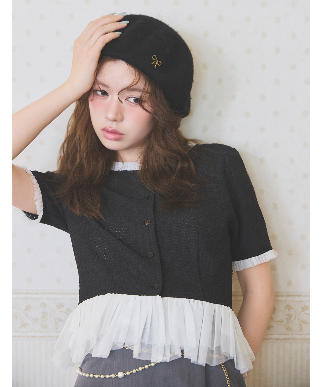 [預購]LILLIAN CARAT 網紗傘襬皺感開襟外套