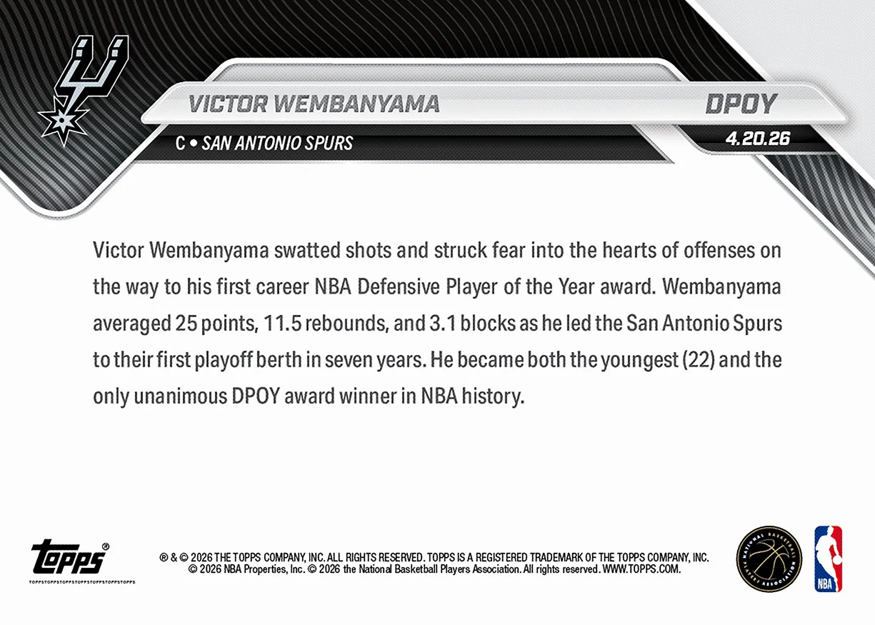 Victor Wembanyama 2025-26 Topps NOW 球員卡 Card DPOY