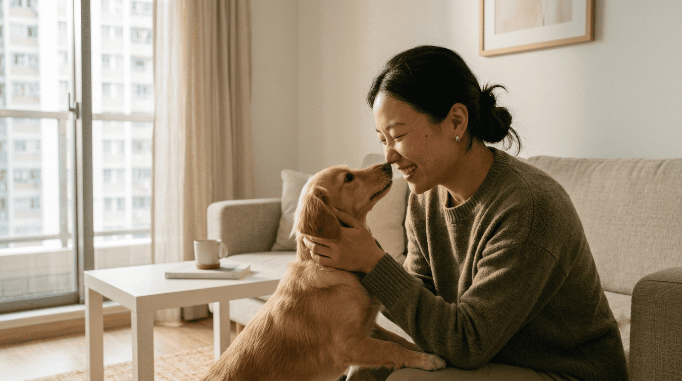 亞洲女性飼主與快樂狗狗在居家客廳的溫馨互動，象徵寵物日常保健與陪伴。