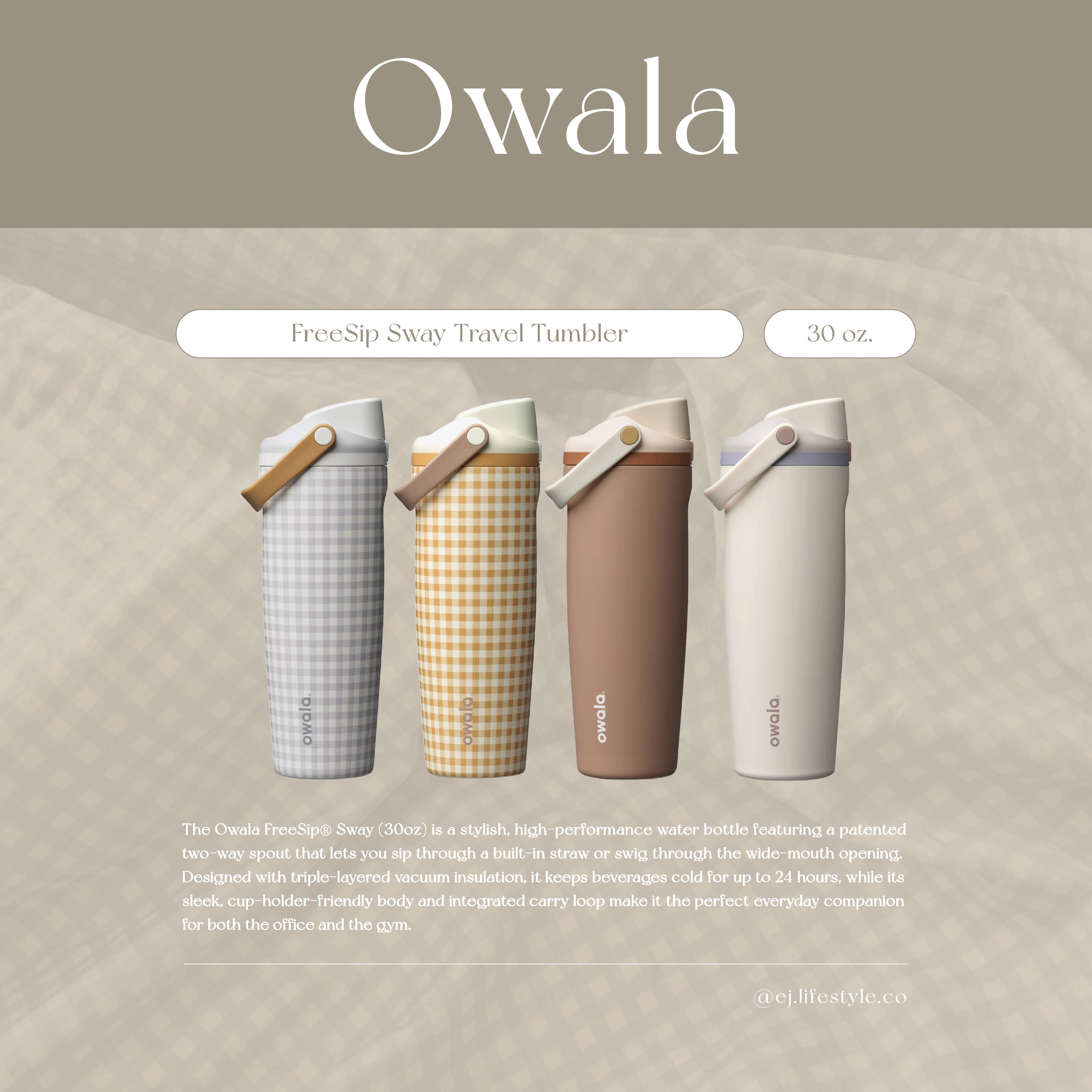 🇺🇸 OWALA FreeSip Sway Travel Tumbler 夏日系列 格紋 大地色系 不鏽鋼保溫杯 直飲杯 手提杯 30oz 887ml / 預購
