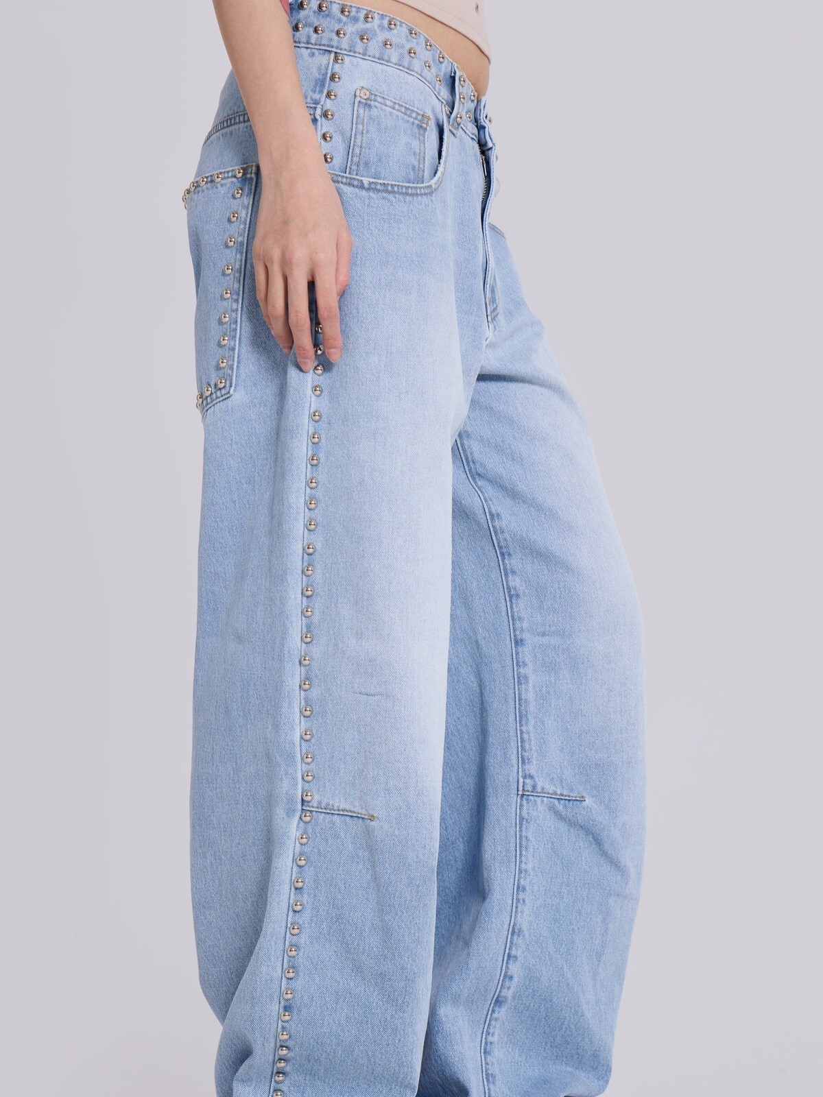 JADED LONDON 鉚釘邊條 水洗巨型闊腿褲 Nailed Studded Colossus Jeans in Light Blue Wash JWL4775