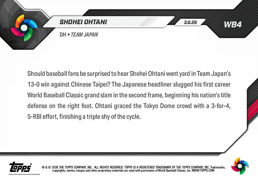 大谷翔平 2026 世界棒球經典賽 Topps NOW 球員卡 Card 4