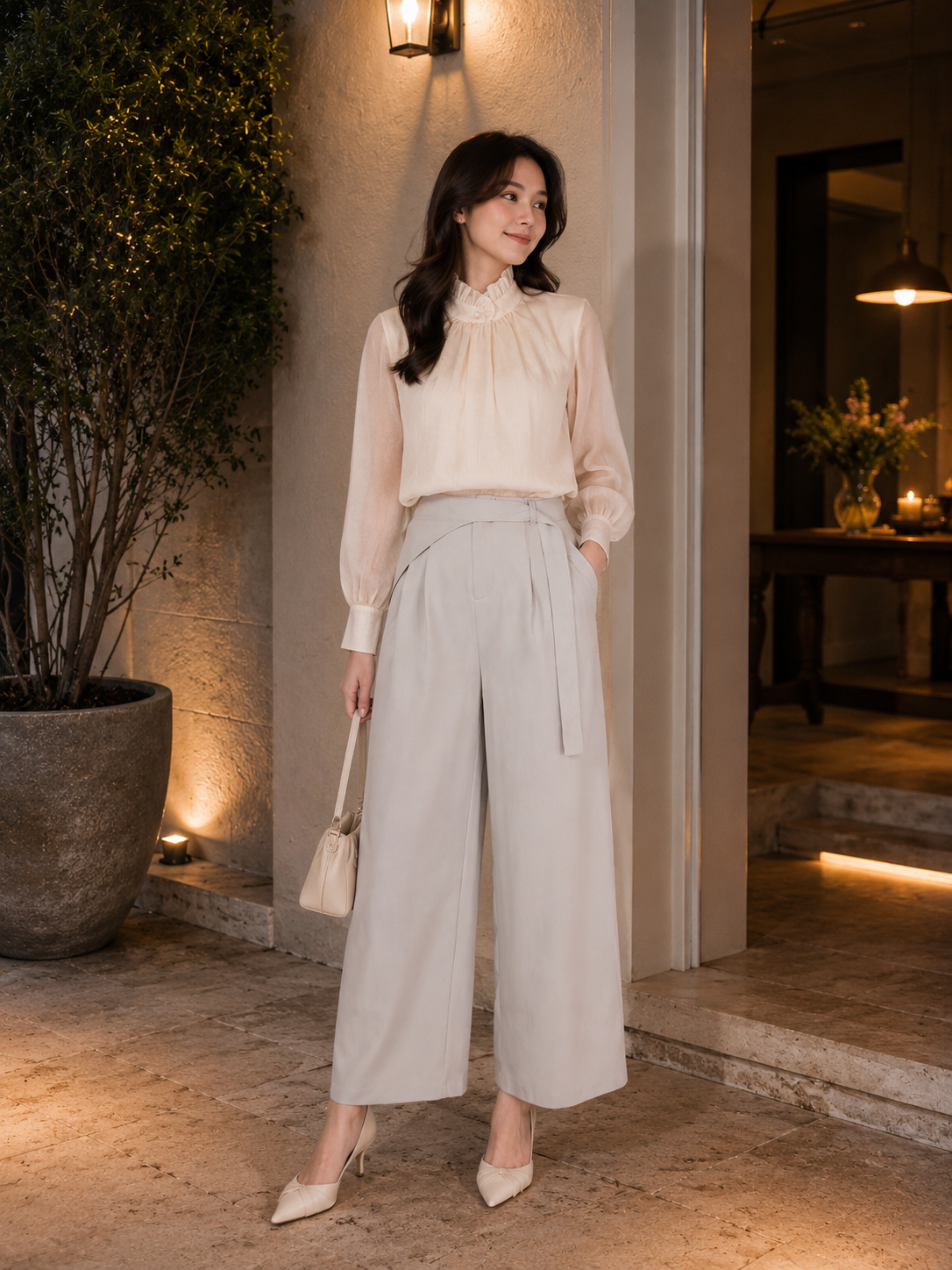 LONG SLEEVE RUFFLED NECK BLOUSE