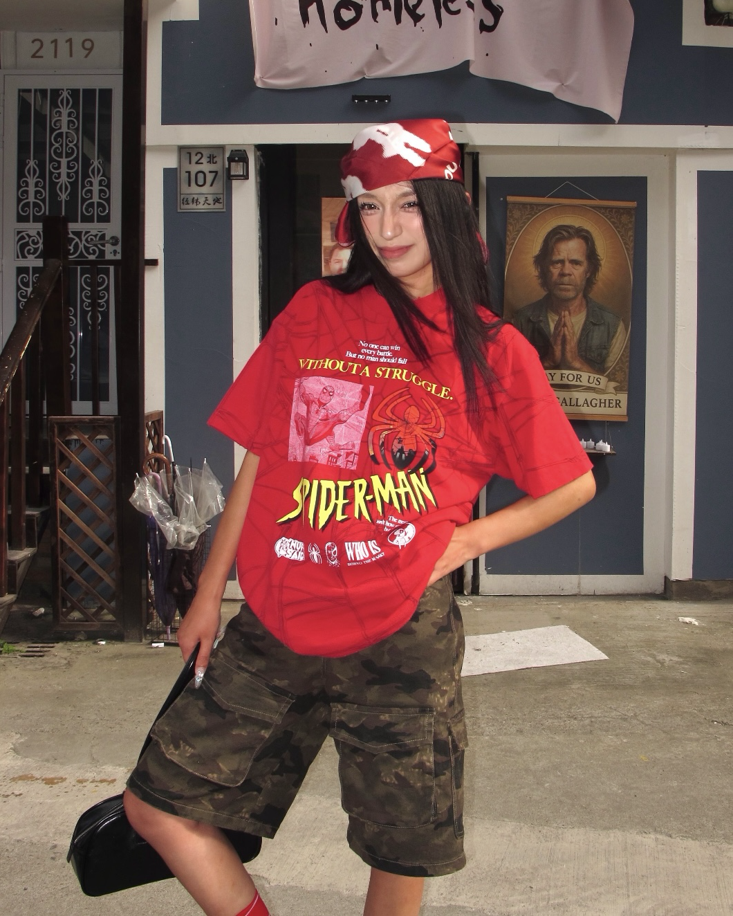 UNDEFEATED x 蜘蛛人 復古漫畫 聯名款 落肩 圓領 短袖 短Tee 上衣 黑色 紅色