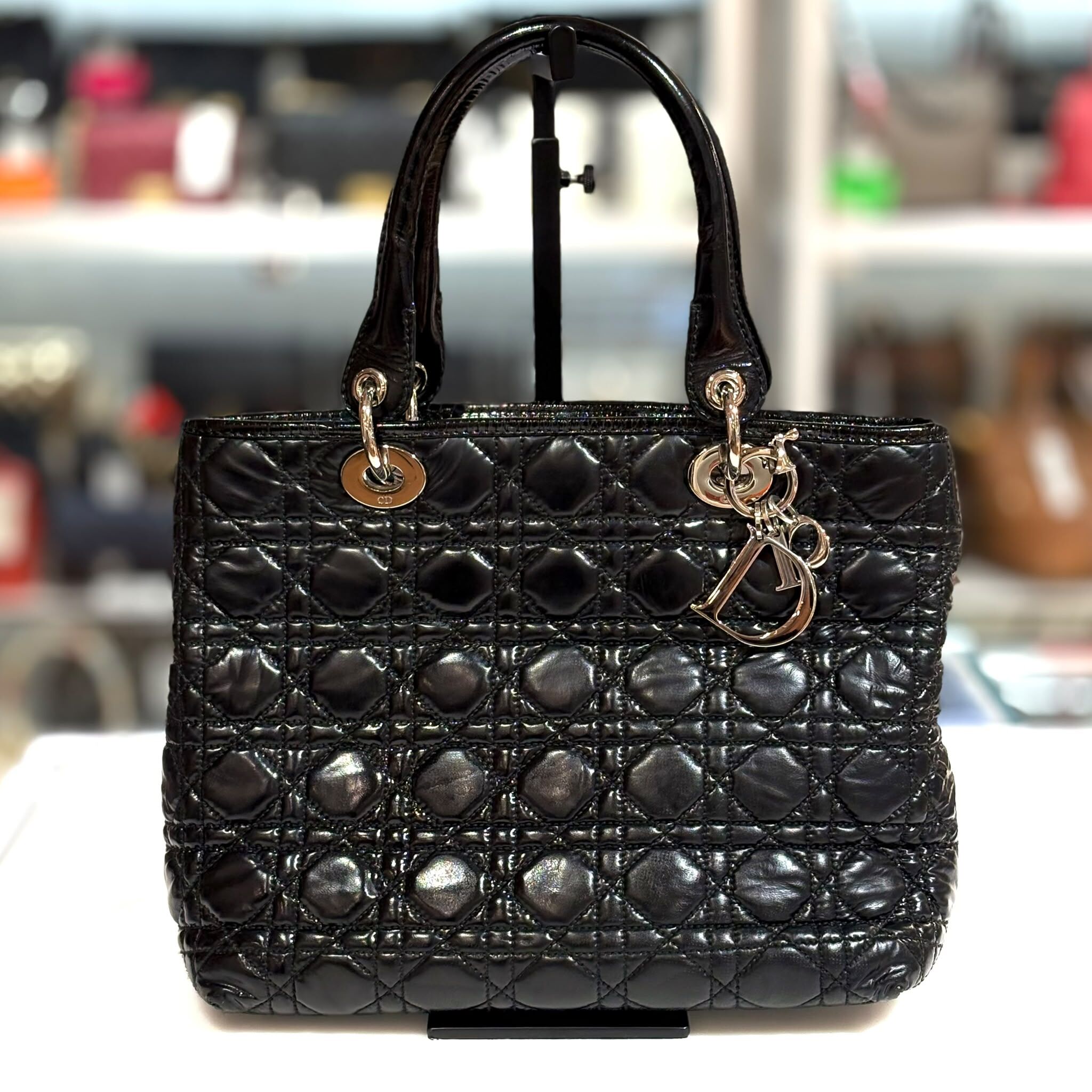 85%NEW二手LADY DIOR單肩包 Classic Quilted Cannage Shoulder Bag 黑色漆皮銀扣 #香榭站正品