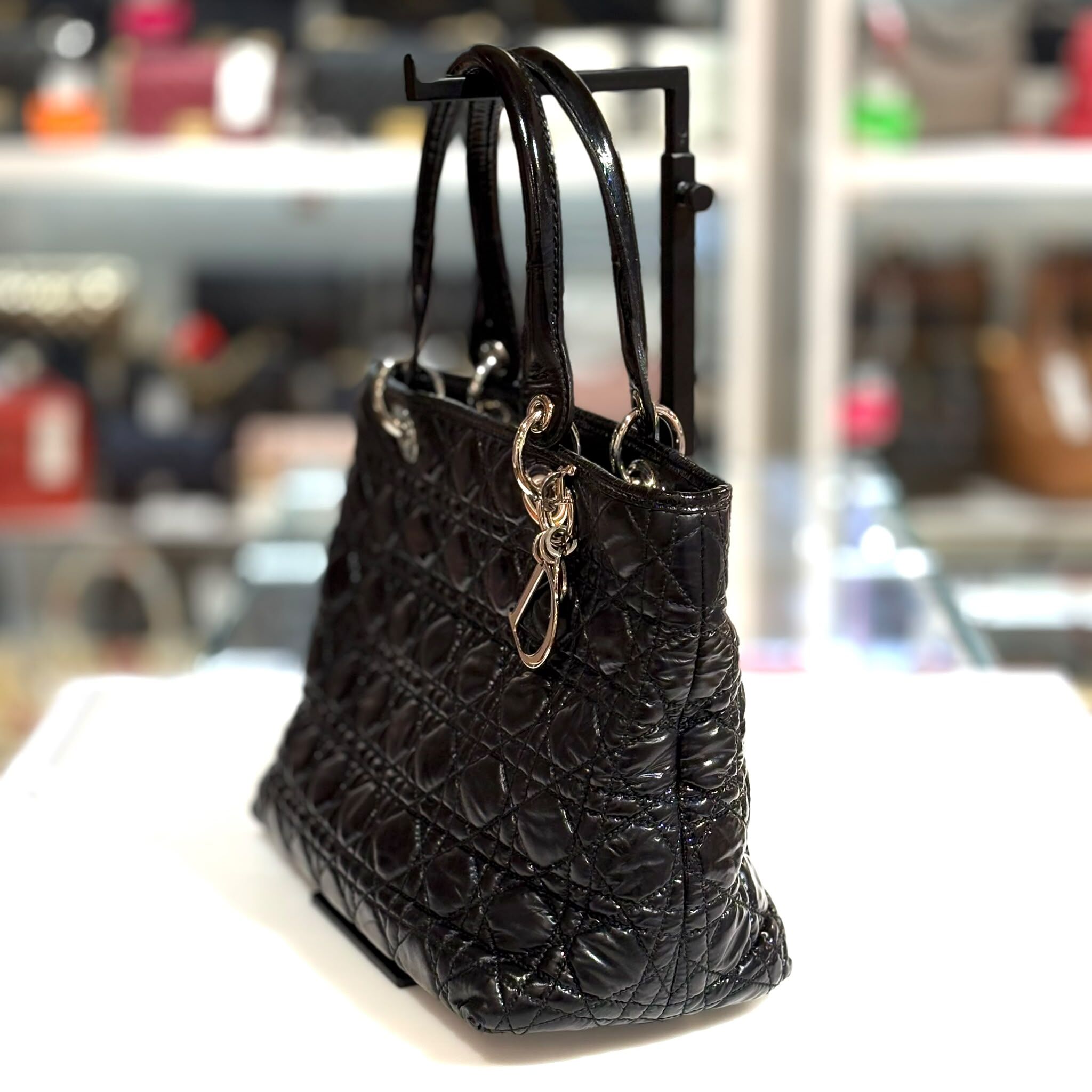 85%NEW二手LADY DIOR單肩包 Classic Quilted Cannage Shoulder Bag 黑色漆皮銀扣 #香榭站正品