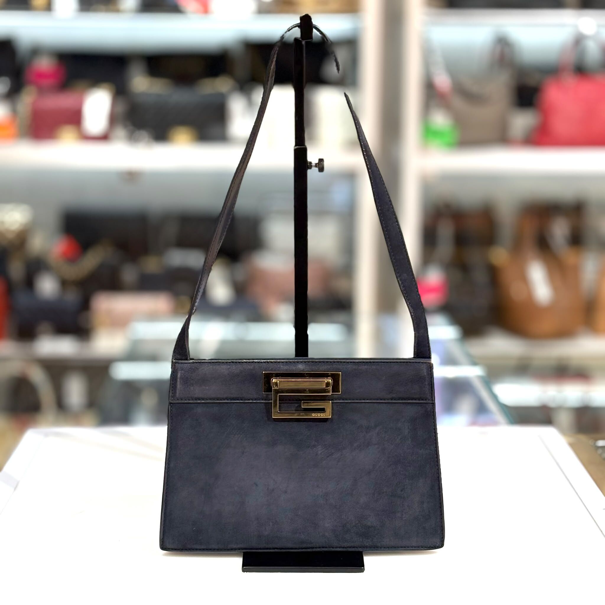 98%NEW二手GUCCI單肩包 30455562 Square G handbag 藍色麂皮金扣 #香榭站正品