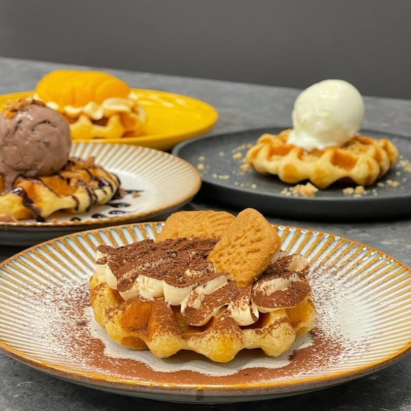 Weekend brunch in Malaysia with Belgian Liege waffles, fruit, eggs and coffee