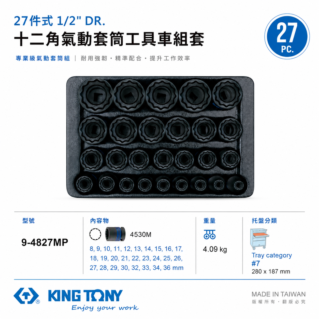 KING TONY 金統立｜27件式1/2"十二角氣動套筒工具車組套 氣動短套筒組｜9-4827MP｜台灣製
